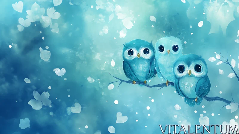 Three Cute Blue Owls on Branch in Whimsical Watercolor Style.