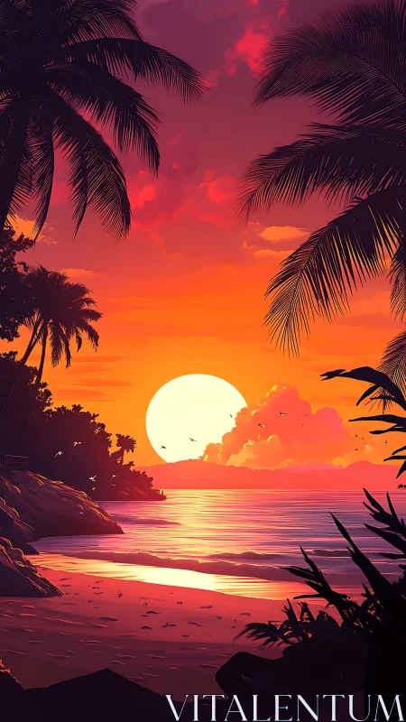 Radiant tropical sunset paints tranquil palm-lined shoreline.