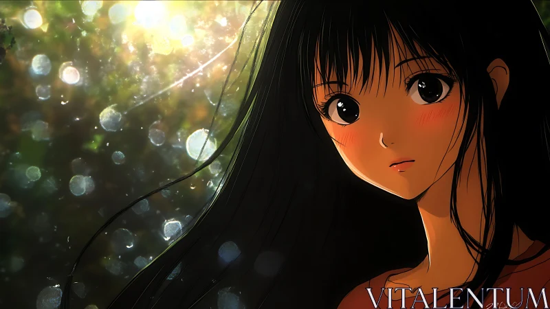 Backlit anime portrait with luminous bokeh atmosphere.