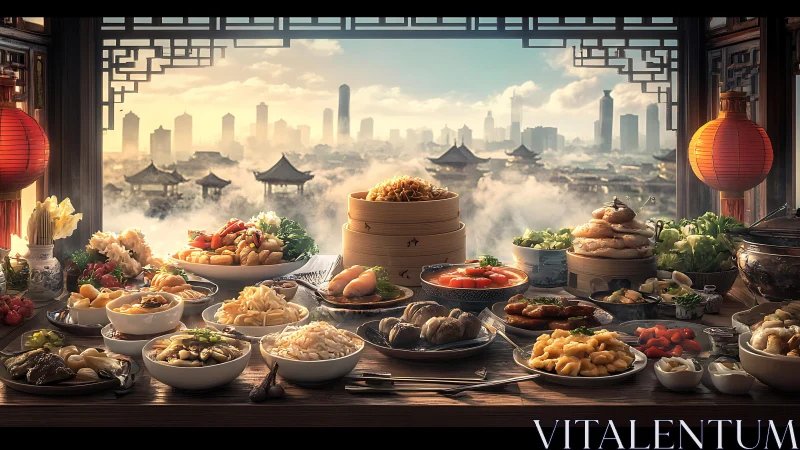 Chinese banquet table is arranged before layered city skyline