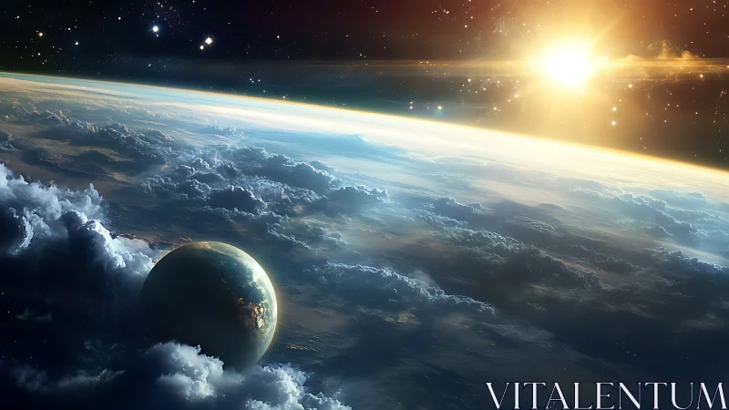 Golden sunrise welcomes a distant planet above soft clouds