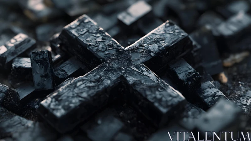 Wet Charred Wooden Cross in Close-Up, Dark Moody Photography.