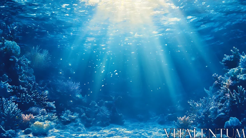 Sunlit underwater coral reef scene with clear blue water.