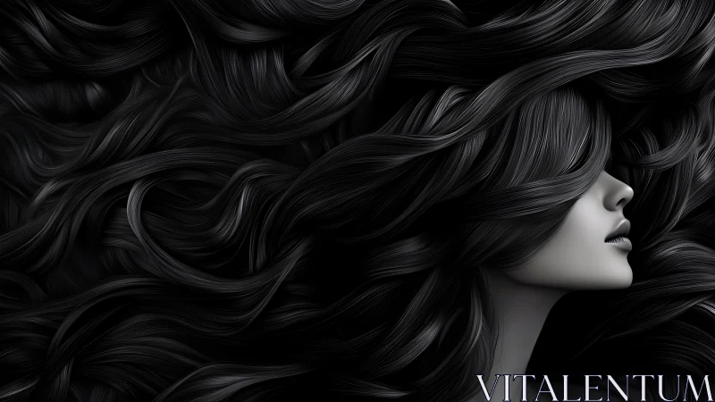 Monochrome female profile emerges from dense, flowing strands