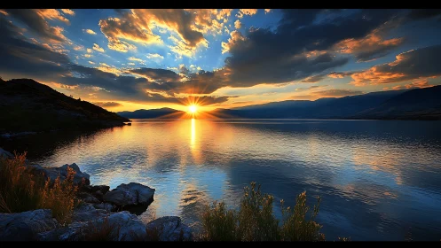 Sunset light intersects distant mountains across calm water