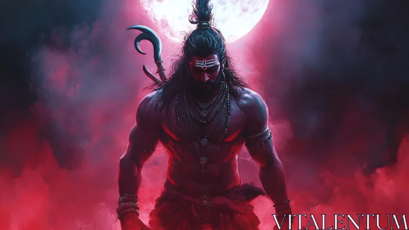 Warrior ascetic under blood moon in glowing crimson mist.