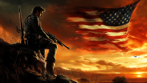 Solitary armed soldier silhouetted against burning flag sky