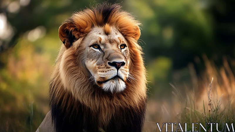 Photorealistic lion portrait with shallow-depth savanna bokeh.