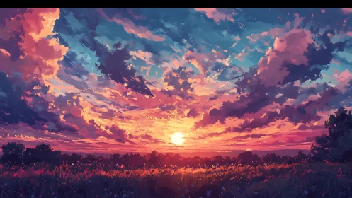 Sunset sky braids wild color over a wind-stirred meadow