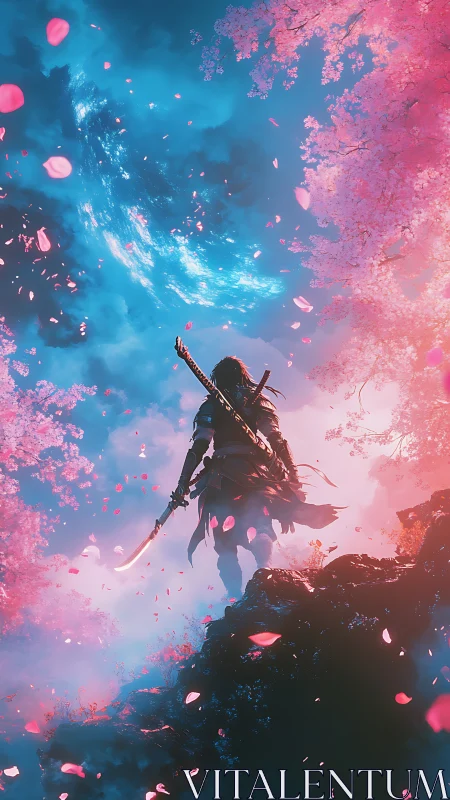 Samurai silhouette beneath luminous sakura sky portal.