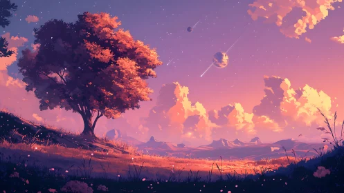 Solitary tree in stylized twilight landscape with planets.