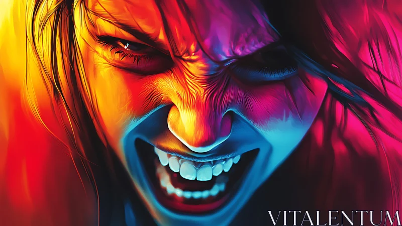 Neon rage portrait explodes with intense dual lighting.