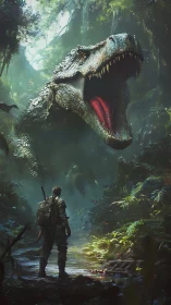 Jungle path pauses as explorer meets roaring prehistoric thunder