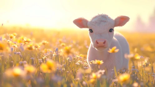 Backlit calf standing in sunlit wildflower meadow at dawn