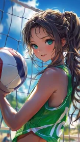 Volleyball player in green jersey near net under blue sky.