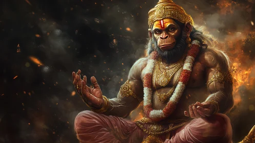 Fiery cosmos hums while divine simian sage glows in stillness