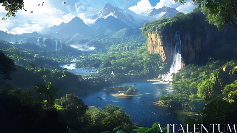 Lush tropical valley with waterfalls, rivers, and distant peaks