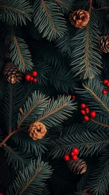 Evergreen fir foliage with pine cones and red berries arranged decoratively