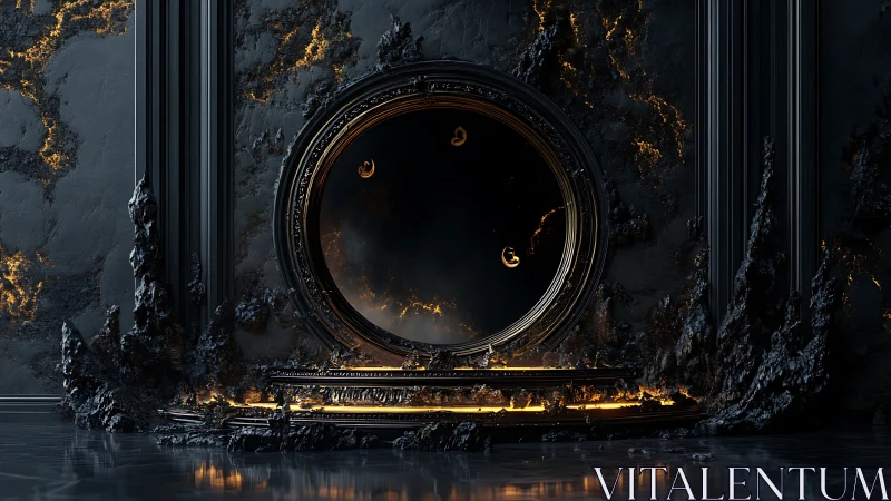 Midnight portal glows softly in a dark, molten stone hall