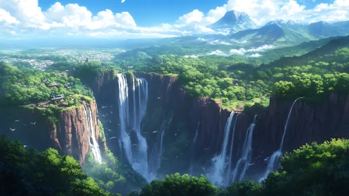 Verdant canyon waterfalls below distant volcanic highlands.