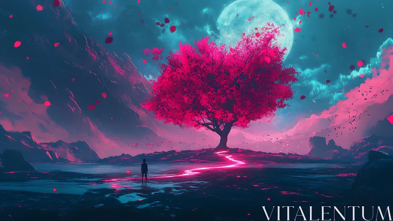 Solitary figure observes neon-lit tree beneath full moon