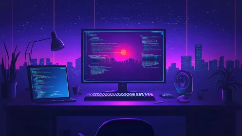 Neon-lit coding desk overlooks a futuristic cyber cityscape