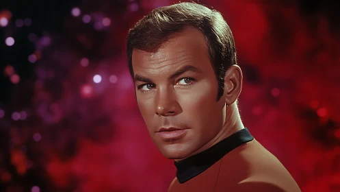 Portrait of male officer against red cosmic bokeh field.