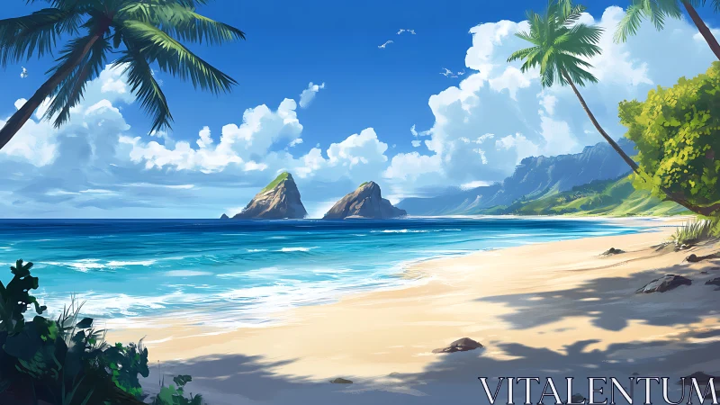 Stylized tropical coastal landscape with basaltic formations and volumetric atmospheric rendering