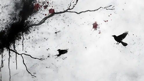 Night crows glide past inky branches across misty sky