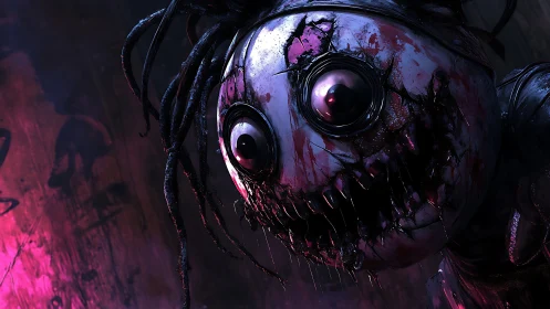 Horror puppet close-up with stitched mouth and bulging eyes.