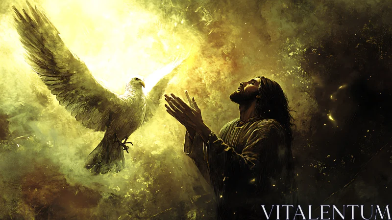 Radiant moment of prayer beneath a luminous white dove.
