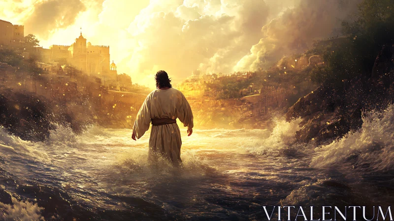 Robed figure stands in turbulent river facing sunlit cityscape
