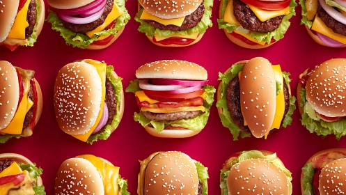 Repetitive arrangement of cheeseburgers on solid red background.
