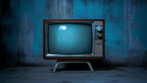 Vintage CRT television set stands in moody low key environment