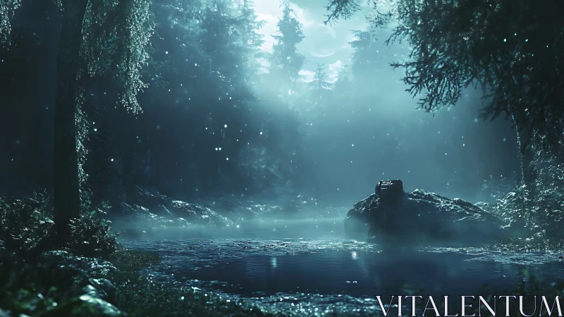 Moonlit Forest Stream: Winter Landscape with Floating Particles