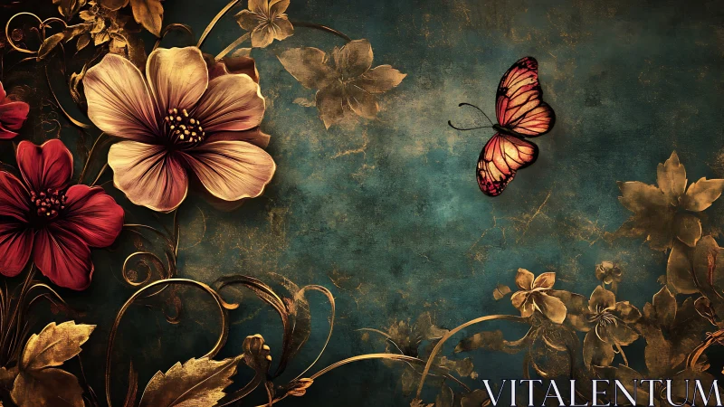 Butterfly hovers beside ornate flowers on textured teal field