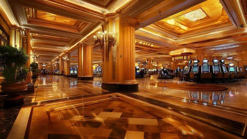 Golden casino promenade where marble mirrors neon dreams.