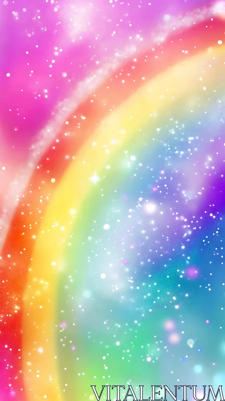 High-saturation rainbow arc with bokeh particles and soft light gradients