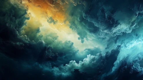 Storm-torn clouds swirl around radiant golden light above.