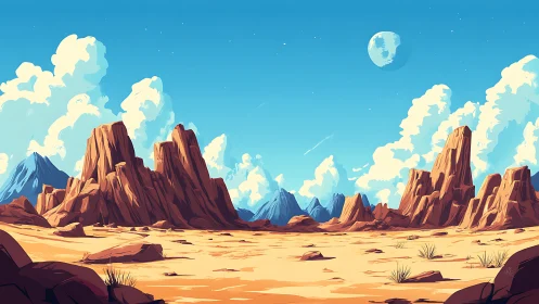 Sunlit desert mesas rise under distant moonlit sky