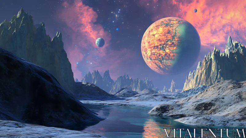 Rocky alien terrain under large striped planet and moons.