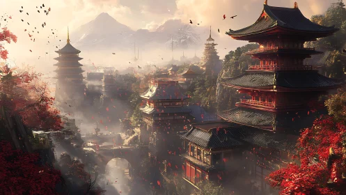 Fantasy mountain valley city with towering red pagodas.