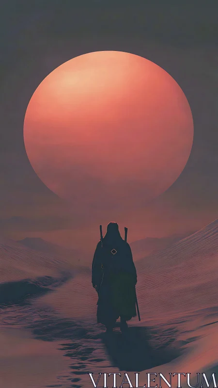 Lone robed wanderer crosses dunes under giant red sun.