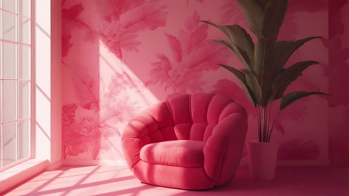Monochrome pink lounge with plush armchair and foliage.