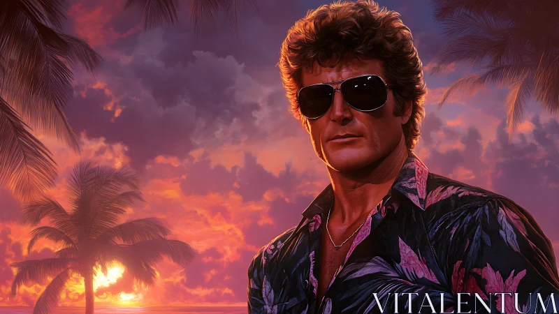 Retro-styled male portrait under high-saturation tropical sunset sky