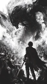 Lone swordsman confronts colossal demon amid war-torn ruins.