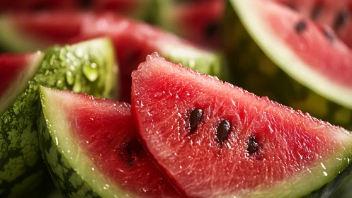 Macro close-up captures glistening watermelon slices in vivid detail