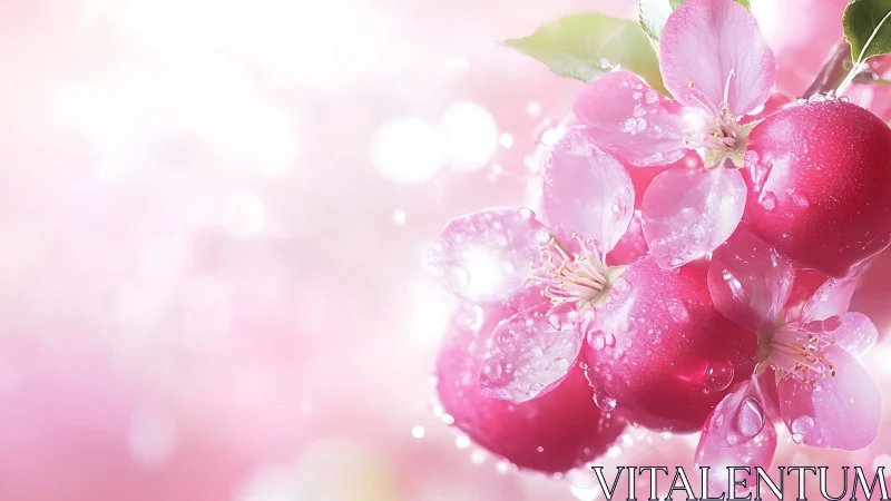 Pink apple blossoms with water droplets in soft-focus bokeh environment.
