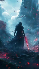 Dark cloaked warrior with red energy sword in misty gorge.