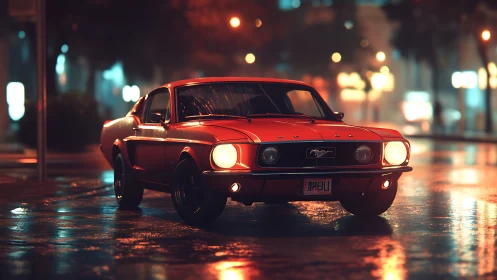 Red classic Mustang on wet city street at night scene.